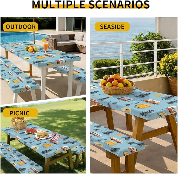 Picnic Table Cover with Bench Covers, 72 X 30 Inch Elastic Fitted Camping Tablecloth with Strap Design for 6FT Rectangle Tables, Windproof Outdoor Tablecloth Set with Storage Bag