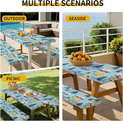 Picnic Table Cover with Bench Covers, 72 X 30 Inch Elastic Fitted Camping Tablecloth with Strap Design for 6FT Rectangle Tables, Windproof Outdoor Tablecloth Set with Storage Bag