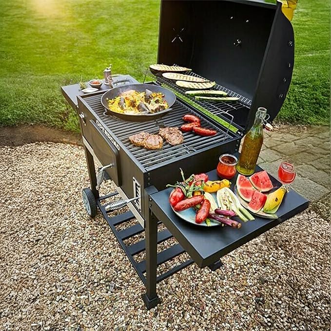 OPENROAD Charcoal Grill with Two Side Tables – Large, Heavy-Duty BBQ Smoker for Outdoor Picnics, Backyards, Patios, and Parties, Black
