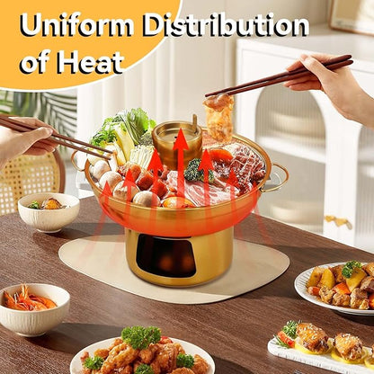 Portable Charcoal Hot Pot, Stainless Steel Round Dry Ice Pot for One Person, Milk Tea Hot Pot for Camping Office Hotel Home Compatible with Induction Gas Electric Ceramic Stove Top (Gold, 9.1 inch)