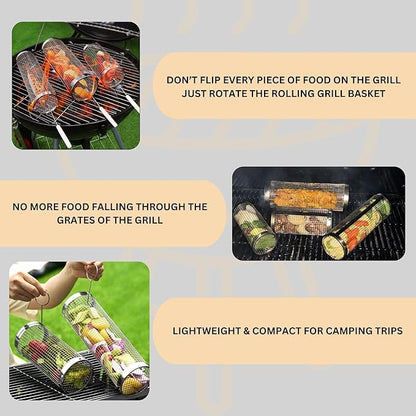 Rolling Grilling Basket for Outdoor Grilling - 2PCS - Stainless Steel BBQ Accessories, Grill Accessories for Outdoor Grill & Camping Cooking, The Perfect Way to Grill Vegetables