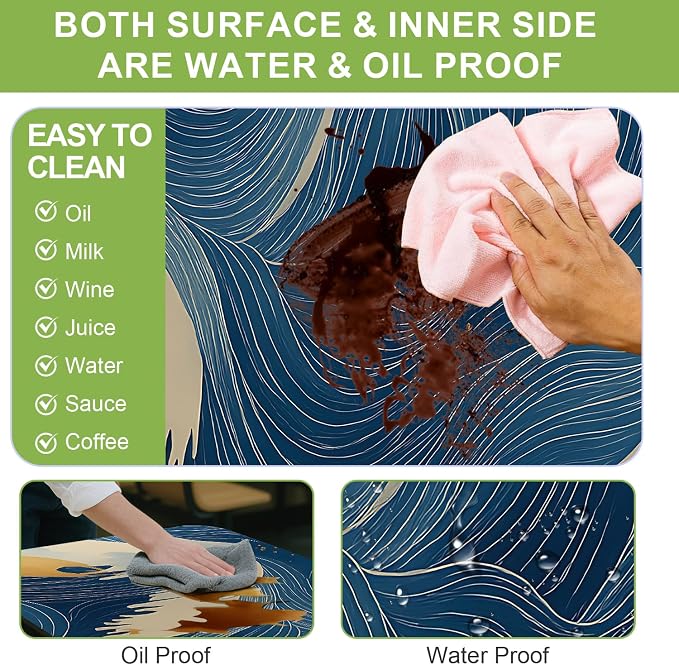 ANNA QUEEN Modern Abstract Art 6FT Picnic Table Cover with Bench Covers Set of 3 with Drawstring Bag, Blue Gold Lines 72"x30" Waterproof Picnic Tablecloth & Bench Covers for Patio Garden