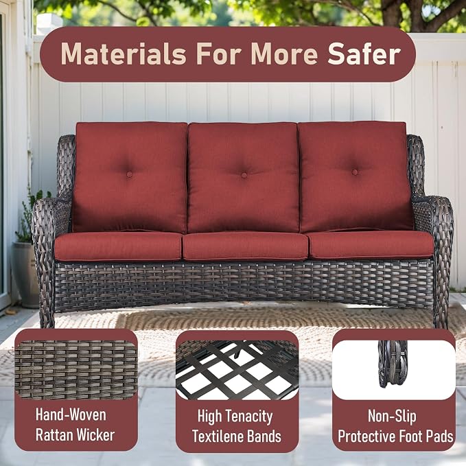 Outdoor Patio Furniture - 3 Seater Outdoor Rattan Wicker Sofa Patio Couch with Ottoman for Porch Deck Garden Backyard - Brown/Red