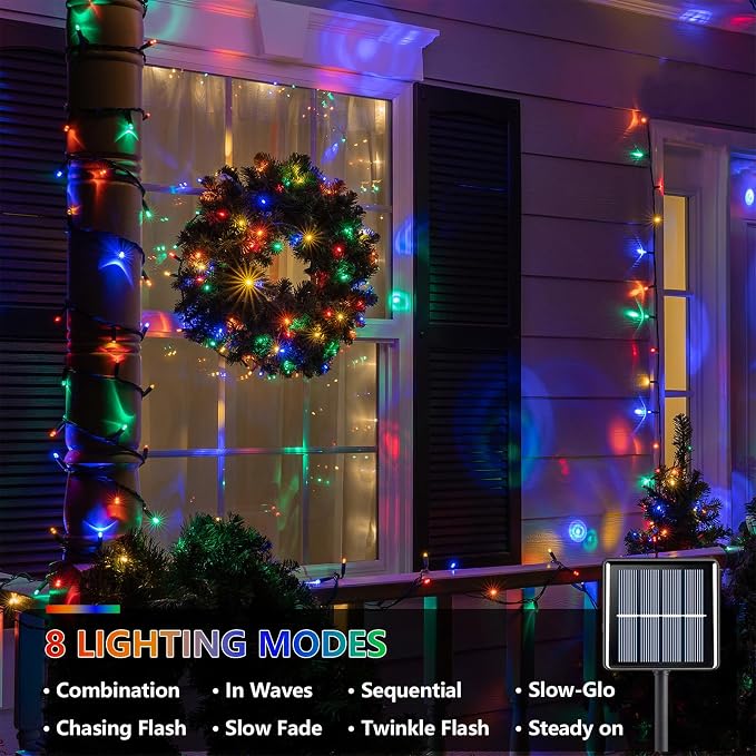 YEGUO Solar String Lights Outdoor Waterproof, 2 Packs Each 33ft 100 LED Multicolor Lights, 8 Modes Twinkle Light for Christmas Tree Outside Garden Yard Xmas Decor