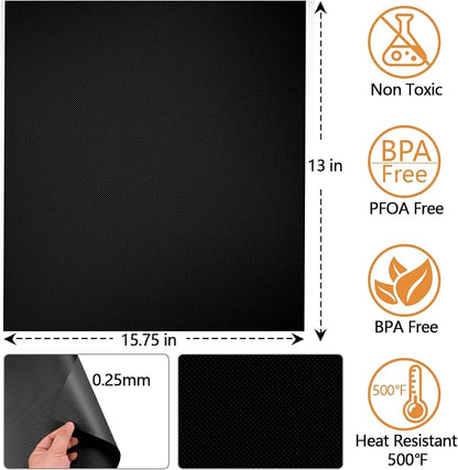 Reusable Grill Mats for Outdoor Grill Set of 6,Heavy Duty Non-Stick BBQ Mats & Oven Liner,Easy to Clean,Works on Gas, Charcoal & Electric Grills - 15.75 x 13 Inch,Black
