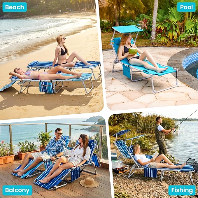 #WEJOY 3 in 1 Tanning Chair with Face Hole and Canopy, 5-Position Folding Face Down Lounge Chairs for Outside Beach Pool, 300lbs Heavy Duty Portable Sun Lounger with Pillow & Storage Bag (Blue White)