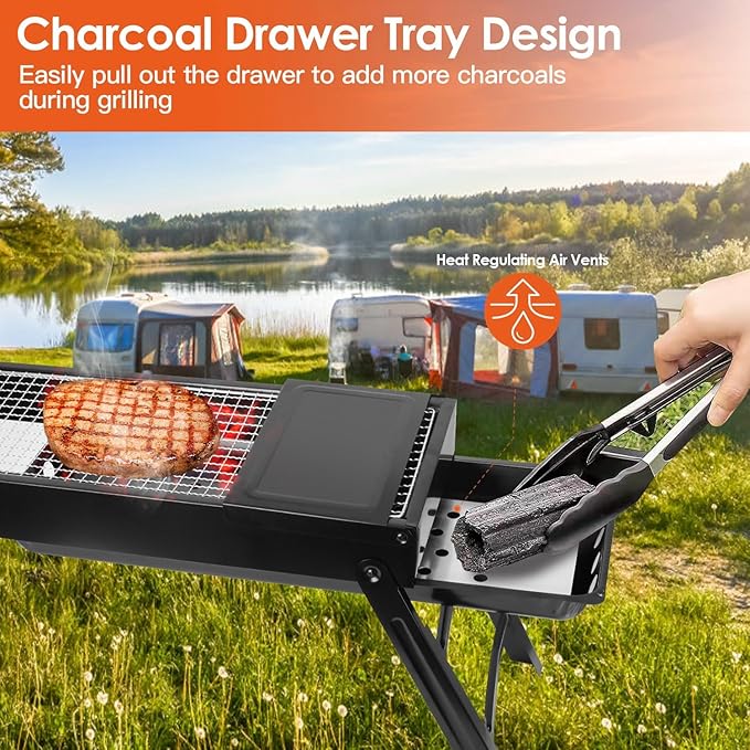 TeqHome Barbecue Charcoal Grill, Stainless Steel Folding Portable BBQ Grill with 2 Side Tray, Foldable Tabletop Grill for Outdoor Cooking Picnics Camping Hiking Tailgating Backpacking Party Backyard