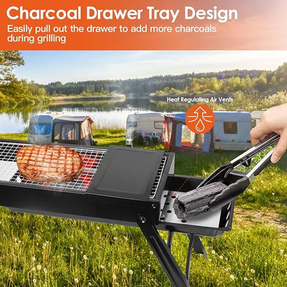TeqHome Barbecue Charcoal Grill, Stainless Steel Folding Portable BBQ Grill with 2 Side Tray, Foldable Tabletop Grill for Outdoor Cooking Picnics Camping Hiking Tailgating Backpacking Party Backyard
