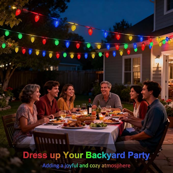 C7 Strawberry Solar String Lights, 31FT 50 LED Ultra Bright Multicolor IP65 Waterproof 8 Modes Green Wire Fairy Lights Auto On/Off for Outdoor Garden Patio Christmas Wedding Party Decor