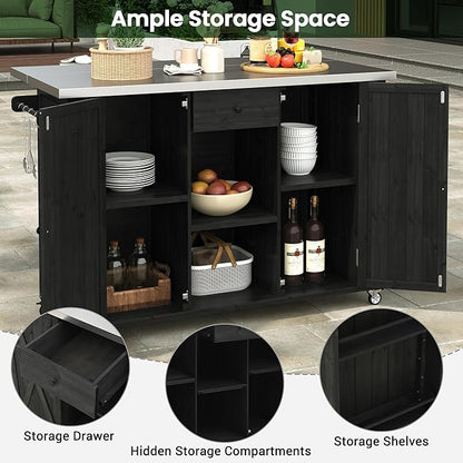 52.25" W x 28.75" D x 36.25" H Outdoor Kitchen Island Fir Wood Stainless Steel Black