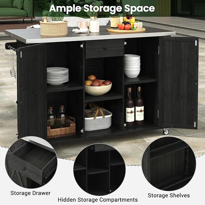 Outdoor Kitchen Island Fir Wood Kitchen Island with Stainless Steel Top,Ample Storage Space, Towel and Spice Racks and a Bottle Opener for Outdoor (Black@53)