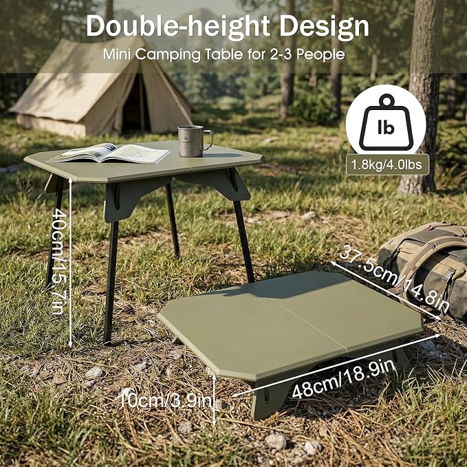 Folding Camping Table, 2-in-1 Adjustable Height Portable Outdoor Aluminum Camp Desk with Carrying Bag, Lightweight Foldable Table for Picnic, Beach, BBQ, Hiking, Fishing, Travel (Green)