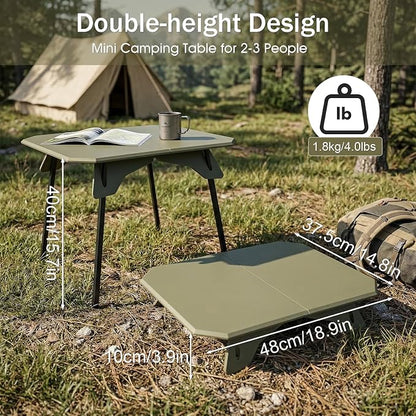 Folding Camping Table, 2-in-1 Adjustable Height Portable Outdoor Aluminum Camp Desk with Carrying Bag, Lightweight Foldable Table for Picnic, Beach, BBQ, Hiking, Fishing, Travel (Green)