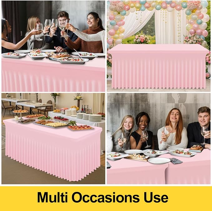 Smiry 2 Pack Spandex Elastic Fitted Table Cloth Skirt for 8FT Table | Stretch Washable Table Cloth, Banquet Table Cover for Wedding, Party, Indoor & Trade Shows, (Pink, 96Lx30Wx30H)