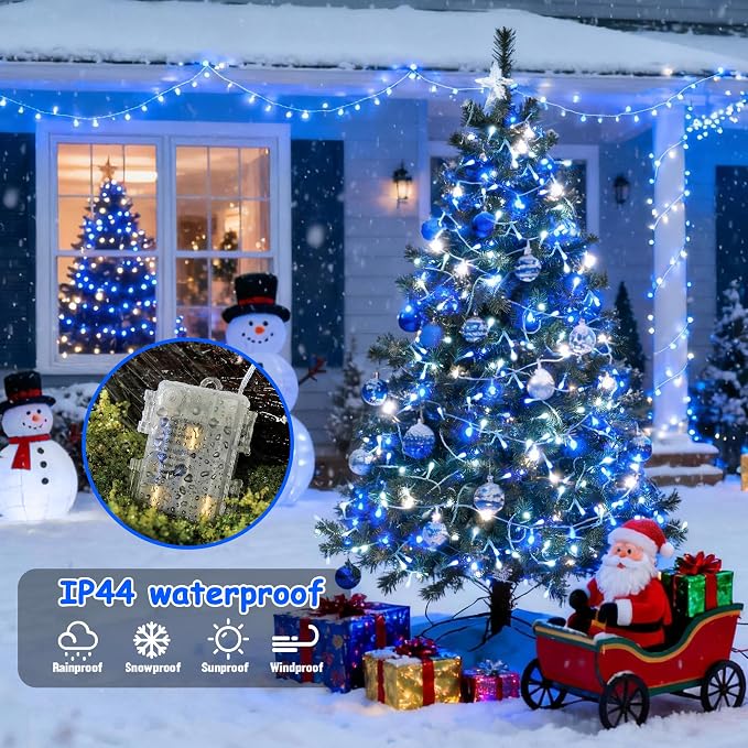 JMEXSUSS 2 Pack Blue and White Battery String Lights, Each 33ft 100 LED | Battery Powered Christmas Lights with Remote for Outside Party Birthday