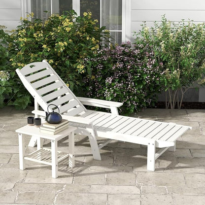 Giantex Lounge Chair Outdoor, Oversized Chaise Lounge Chair with 4-Position Backrest, Rotatory Cup Holder, Weatherproof HDPE Patio Lounge Chair for Outside Garden Deck Poolside Backyard, White (1)