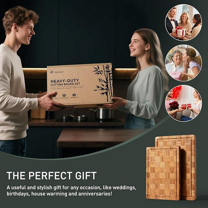 2 Pack Heavy Duty Bamboo Cutting Board Set Non Slip Over Sink Solid End Grain Thick Wood Chopping Board Extra Large Big Small Best Wooden Kitchen Essential New Home Housewarming Mother Gift
