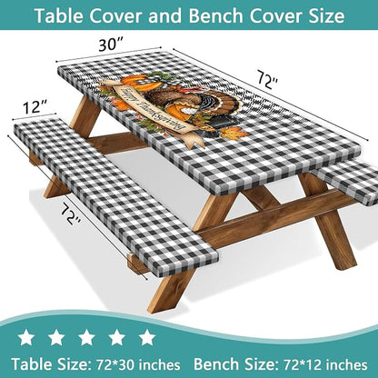 Thanksgiving Picnic Table Cover Set with Bench Covers, Buffalo Check Plaid Turkey Happy Thanksgiving Waterproof Elastic Fitted Outdoor Patio Camping Tablecloth