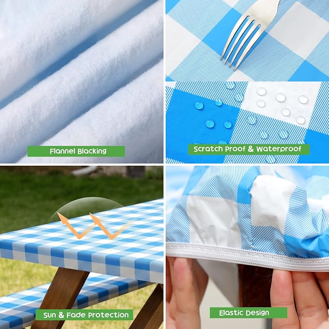 Picnic Table Cover with Bench Covers, Waterproof Tablecloth Set, Blue Grid | Fitted 6ft Tables, for Outdoor Camping, RV, Includes 1 Table Cover(30"x72"), 2 Bench Covers(72"x12"), Drawstring Storage Bag