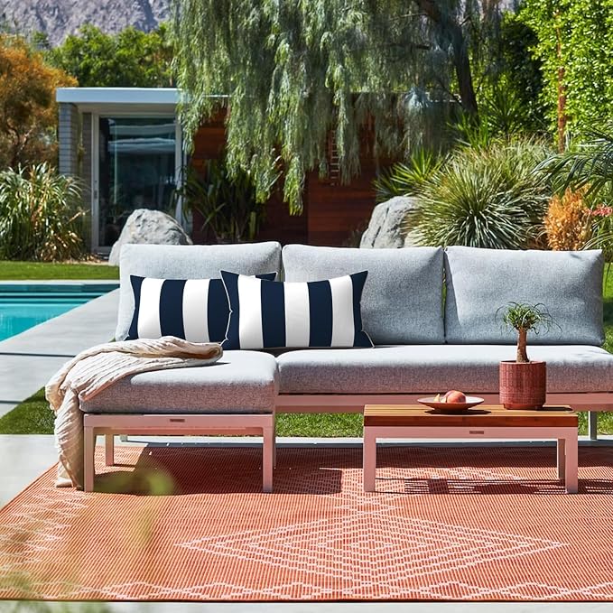 LVTXIII 2 Pack Outdoor Lumbar Pillow Covers 12x20 Inch with Piping, Water-Repellent Back Cushion Covers ONLY for Patio Furniture, Sofa, Garden Bench, Cabana Navy