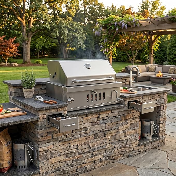 Built in Charcoal Grills for Outdoor Kitchen Island, Large Drop-in Barbecue Grill with Liftable Tray, Insulated Hood & Temp Gauge Heavy Duty Stainless Steel BBQ Grill for Family Parties Patio Cooking