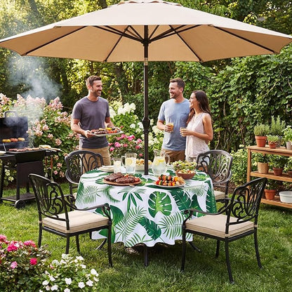Poise3EHome Round Outdoor Tablecloth with Umbrella Hole and Zipper,Palm Leaf 70 Inch,Polyester SpillProof Washable Table Cloth for Spring Summer Patio Garden Poolside Picnic Camping BBQS