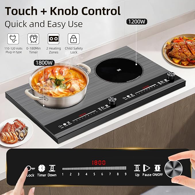2 burner induction cooktop,110V 3000W 2 burner induction plate with Brushed Panel LED Knob Control, induction stove top with 9 Power Levels, Kids Lock & Timer,24 Inch double induction cooktop