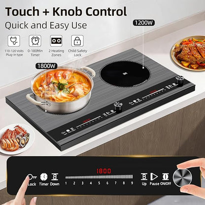 2 burner induction cooktop,110V 3000W 2 burner induction plate with Brushed Panel LED Knob Control, induction stove top with 9 Power Levels, Kids Lock & Timer,24 Inch double induction cooktop