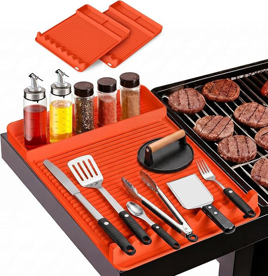 2Pack Silicone Grill Mat for Blackstone - 16x11.5 Inch Non-Slip Tool Mat with Sauce Drip Pad & Wavy Grip, Outdoor BBQ Accessories & Gifts for Men, Dad, Grilling（Orange）