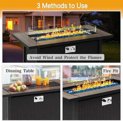 45in Fire Table, Propane Fire Pit with Glass Wind Guard and Rain Cover, Outdoor Firepit Table 50000 BTU 3-in-1 Fire Table for Patio/Yard/Balcony, Walnut Tabletop
