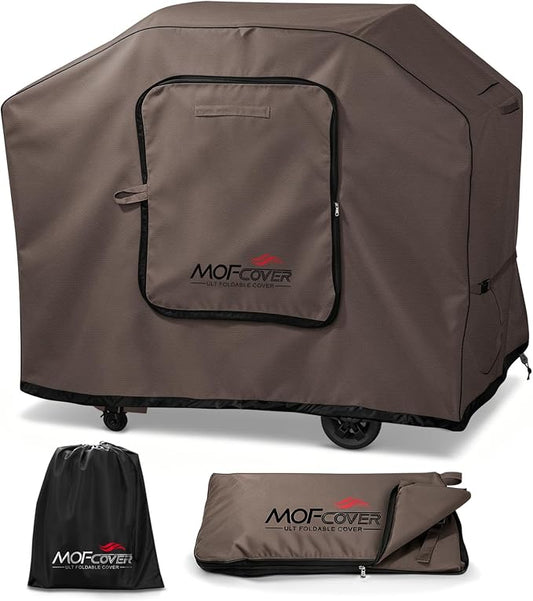 Exclusive Foldable 55 inch Grill Cover, 600D Heavy Duty Outdoor BBQ Cover for 3-4 Burners Grill, Waterproof Fade Resistant Barbecue Cover, Coffee