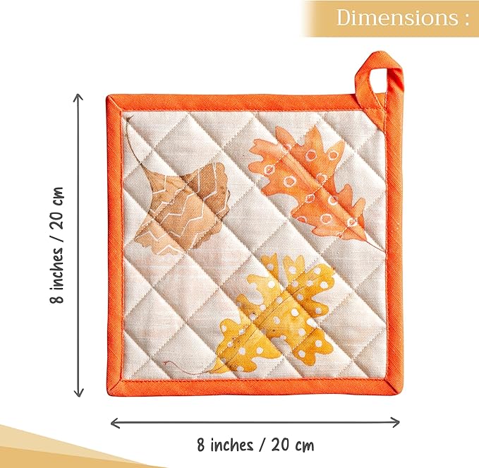 Maison d' Hermine Pot Holders 100% Cotton Heat Resistant Potholders 8" x 8" Hot Pads with Loop for Thanksgiving Christmas Decorations BBQ Cooking Handling Hot Pans (Pack of 1, Colours of Autumn)