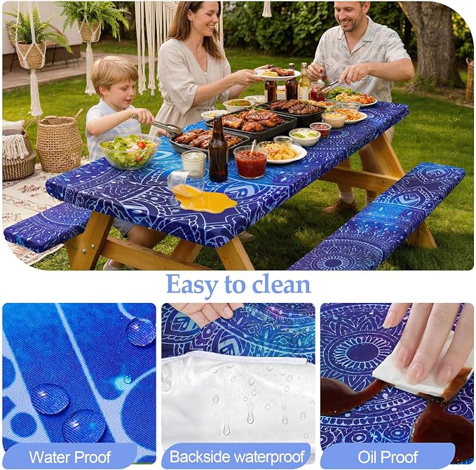 Picnic Table Cover Bench Covers Camping Essentials Tablecloth | Waterproof Vinyl for Outdoor, Windproof Elastic Fitted Edges, RV BBQ Accessories Must Haves, Storage Bag Included