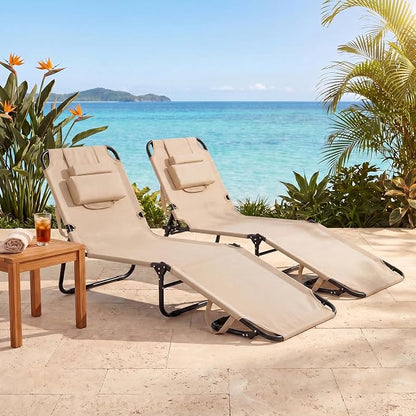 Goplus Tanning Chair, Folding Beach Lounge Chair with Face Hole, Removable Pillow, Carry Strap, Position Adjustable, Sunbathing Chair, Portable Outside Lounge Chair for Patio Pool