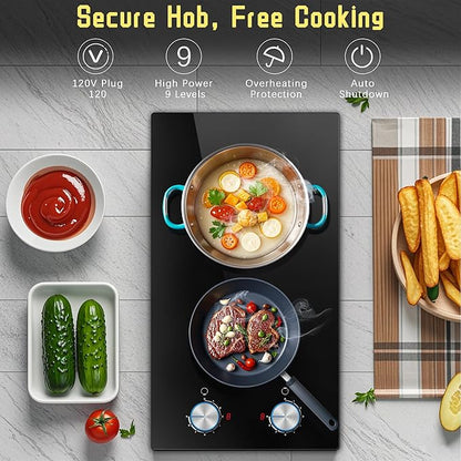 2 Burner Electric Cooktop, 12 Inch Electric Stove Top, 120V Stove Top Burner Knob Control, 2000W Countertop Stove with Timer, 9 Heating Levels, Overheat Protection, High-Temp Alarm Pladeca