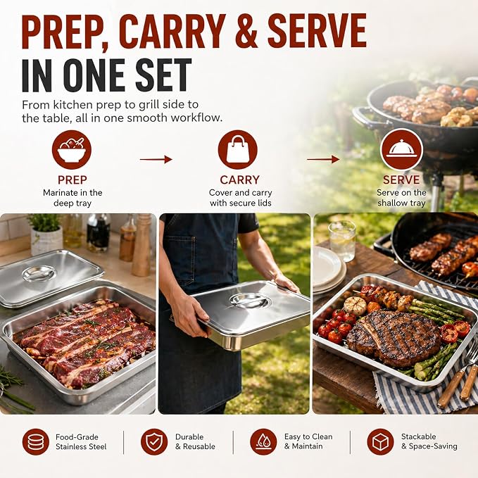Grill Prep Tray with Lid 3-Piece Grill Carry System | Stainless Steel Marinating Container for BBQ Meat Prep, Food Storage & Transport Tray with Rack for Raw Food Handling