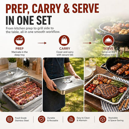 Grill Prep & Serve Tray Set with Lids 5-Piece Grill Carry System | Food Prep System for Marinating, Carrying & Serving, Stainless Steel BBQ Trays for Raw & Cooked Food Separation