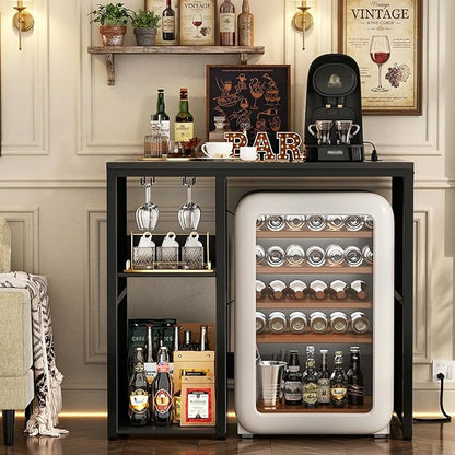 Homieasy Mini Fridge Cabinet with Power Outlet, Coffee Bar Cabinet with Mini Fridge Space, Industrial Liquor Cabinet with Wine Storage & Glass Holder for Dorm, Living Room, Home Kitchen, Black