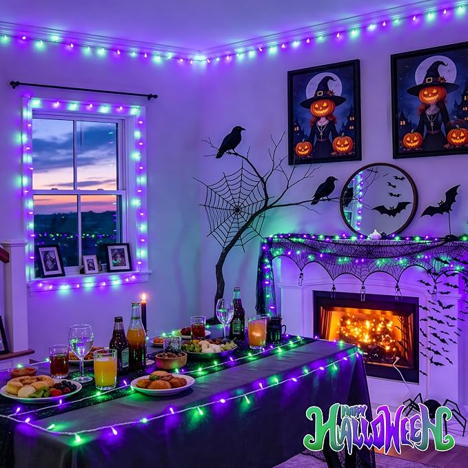 JMEXSUSS 2 Pack 66FT 200 LED Battery Operated Halloween Lights with Remote | Purple and Green Halloween Lights Indoor Outdoor, 8 Modes String Lights for Outside Yard Tree Front Porch Room House