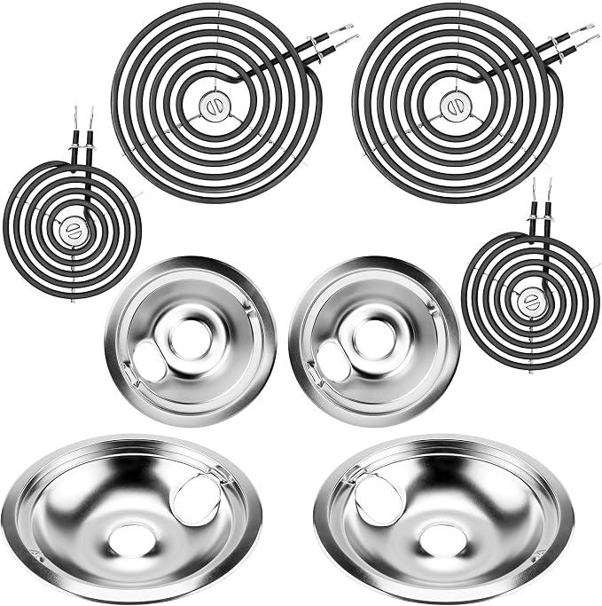 WB31T10010 WB31T10011 Chrome Drip Pans and WB30M1 WB30M2 Electric Stove Burners Replacement for G.E Hot-point Stove, 6" & 8” Drip Pans and Stove Burner Element Set by Fetechmate - 1 Year