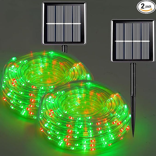 QITONG Red and Green Solar Rope Lights, 2 Pack Each 33ft 100 LED String Lights Outdoor, Fairy Lights in Clear Thin Tube with 8 Modes