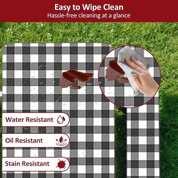 8ft 96" Picnic Table and Bench Cover, 3 Pack, Black-White Checkered | Drawstring Bag, Waterproof Windproof, Elastic Fitted Edges Tablecloth, for Rectangle Table & Seat, Camping Essentials RV Gear
