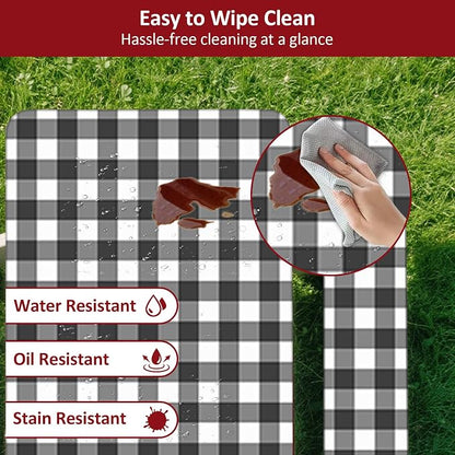 8ft 96" Picnic Table and Bench Cover, 3 Pack, Black-White Checkered | Drawstring Bag, Waterproof Windproof, Elastic Fitted Edges Tablecloth, for Rectangle Table & Seat, Camping Essentials RV Gear