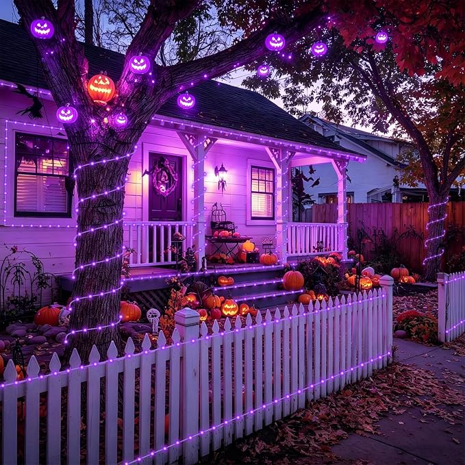 YEGUO Solar Halloween Lights Outdoor Waterproof, 66ft 200 LED Purple Solar Rope Lights, 8 Modes Fairy Lights in Clear Thin Tube