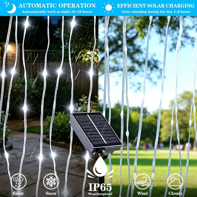 Solar Curtain Lights Outdoor Waterproof, 300LED 9.8x9.8FT Fairy String Lights with USB-C & Solar Charging, Remote Timer Twinkle Waterfall Lights for Patio Garden Wedding Decor (Cool White)