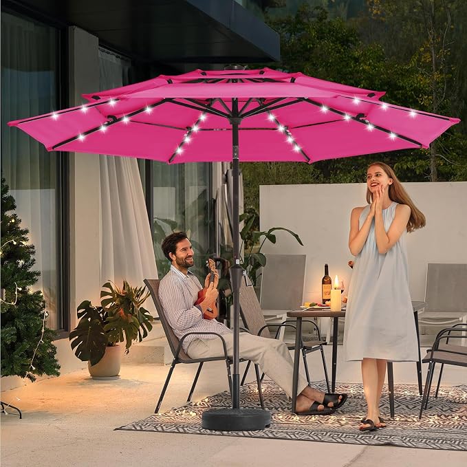 JEAREY 9 ft 3-Tier Outdoor LED Lighted Patio Umbrella w/Crank, Pink | Solar Market Table Umbrella with 8 Sturdy Ribs, UV Protection Waterproof Sunproof for Garden, Deck and Backyard