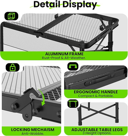 WildFinder Folding Grill Table, 3 Adjustable Height Max 27.5" Camping Table with Mesh Bag, 3x1.3 FT Outside Table for Picnic, Camping, BBQ, Beach, Patio(Black)