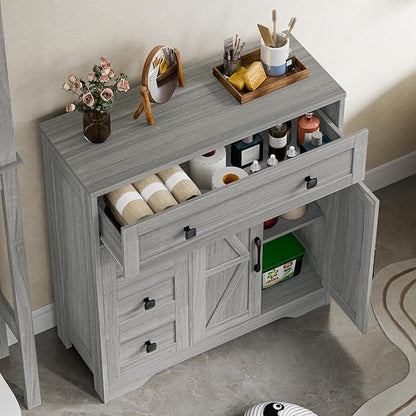 Vabches Farmhouse Storage Cabinet with 2 Doors and 4 Drawers, Freestanding Bathroom Storage Cabinet Kitchen Pantry, Floor Hutch Cupboard for Bathroom/Living Room/Kitchen.(Wash Grey