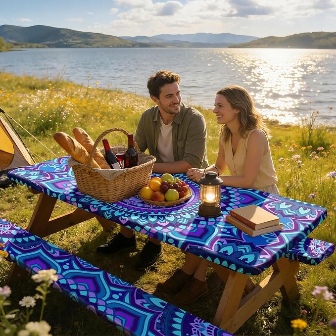 3 Piece Picnic Table Cover with Bench Covers, Camping Essentials | 72 inch Waterproof, Windproof Camping Tablecloth, Built-in Pockets, Elastic Edges, Machine Wash for Camping, BBQ, RV, Adults