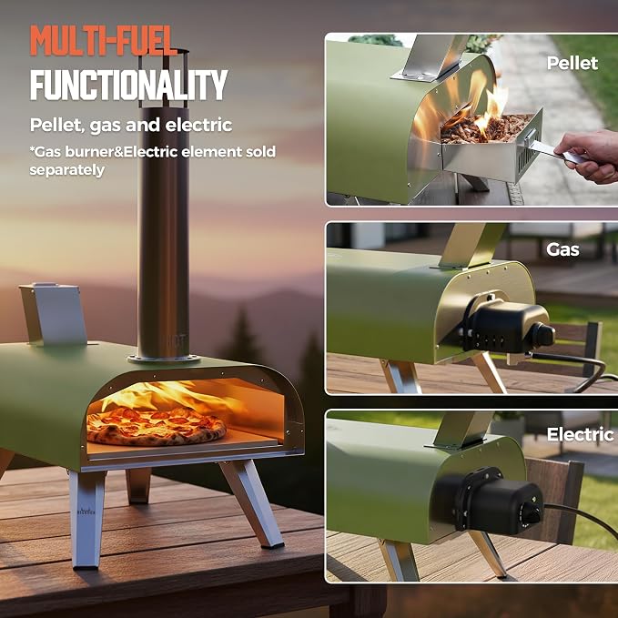 BIG HORN 12" Multi-Fuel Outdoor Pizza Oven Reach up to 1110℉– 3-in-1 Wood,Gas&Electric Compatible (Burners Sold Separately),Pellet Pizza Oven Portable Pizza Maker for Backyard,Camping&Tailgating,Green